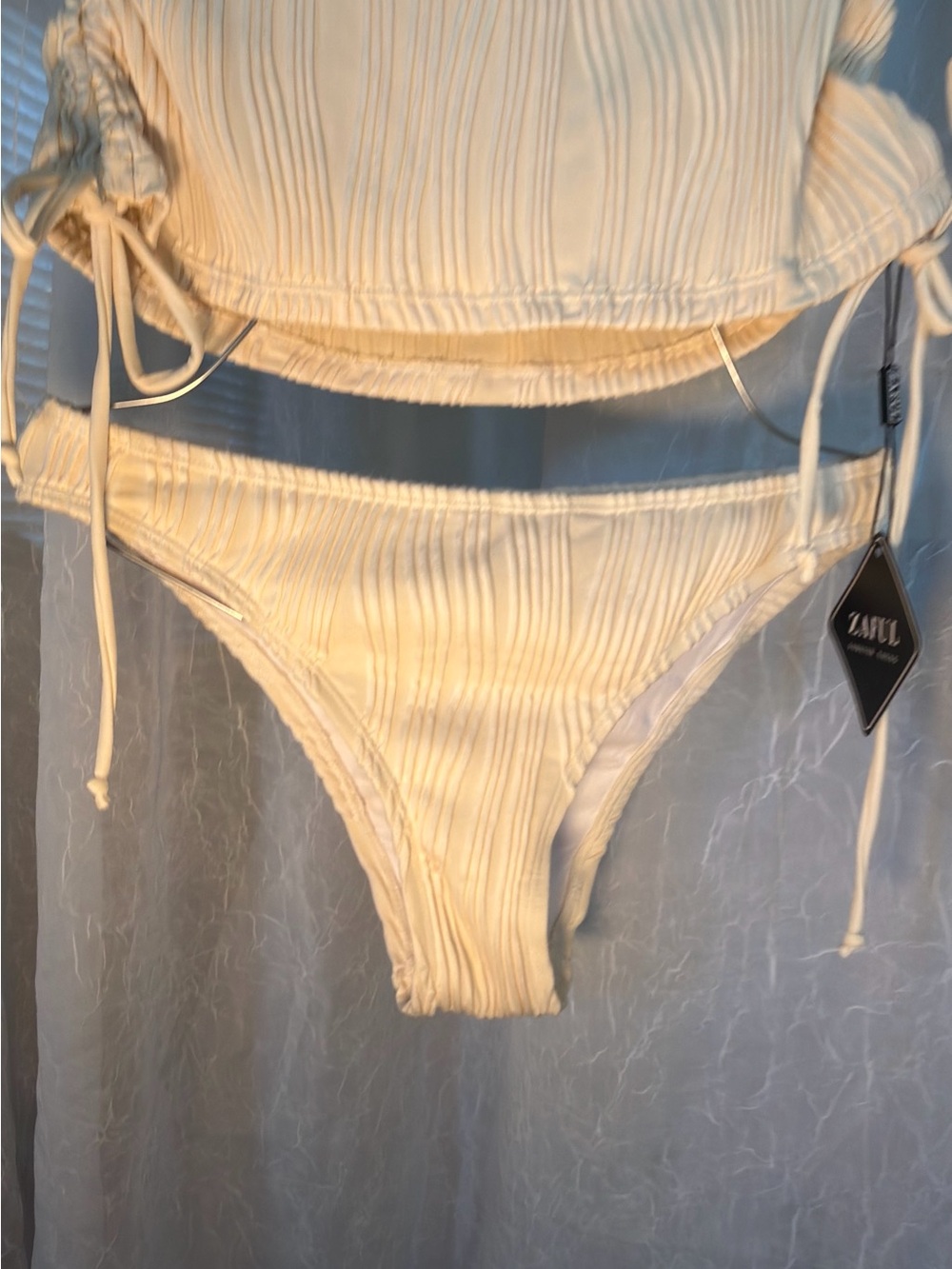 Zaful Cream Ribbed Drawstring Two-Piece Bikini - Picture 2 of 9